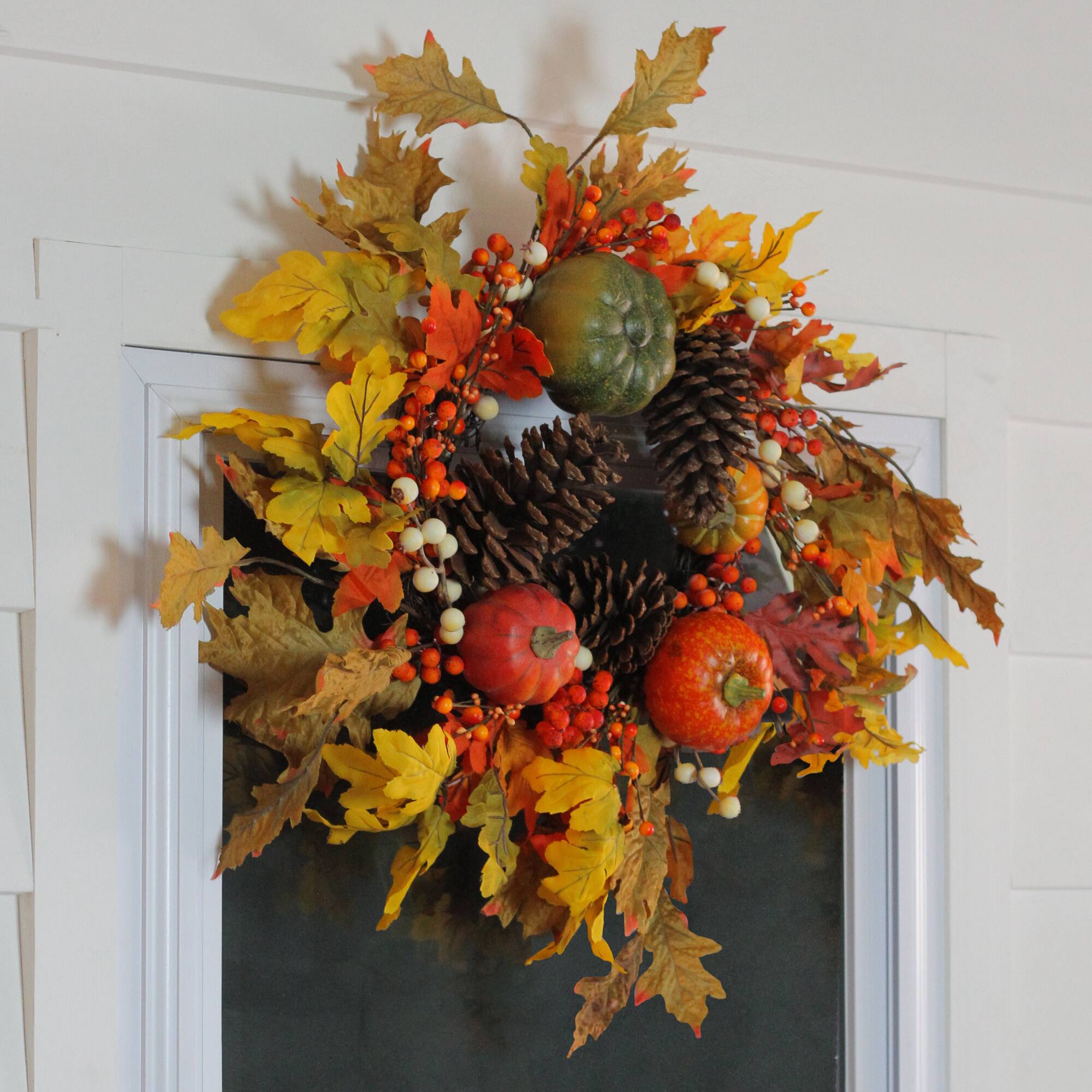 24" Autumn Harvest Decorative Artificial Fall Leaves, Pinecones, Pumpkins and Berries Wreath